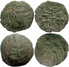 ANDRONICUS III. 1328-1341. Æ Trachy (20mm, 1.50 gm). Thessalonica mint. Winged patriarchal cross / Half-length figures of Andronicus and unknown saint, standing facing, holding long cross between them