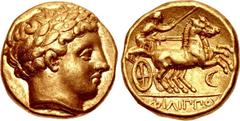 KINGS of MACEDON. temp. Philip II – Alexander III. Circa 340/36-328 BC. AV Stater (16mm, 8.59 g, 12h). In the types of Philip II. Amphipolis mint. Laureate head of Apollo right / Charioteer, holding k