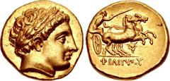 KINGS of MACEDON. temp. Philip III – Kassander. Circa 323/2-315 BC. AV Stater (18.5mm, 8.60 g, 12h). In the types of Philip II. Pella mint. Head of Apollo right, wearing laurel wreath / Charioteer, ho