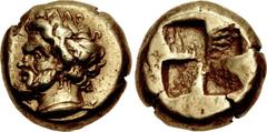 MYSIA, Kyzikos. 5th-4th centuries BC. EL Hekte – Sixth Stater (10mm, 2.65 g). Bearded head of Pan left; below neck truncation, tunny left / Quadripartite incuse square. Cf. von Fritze I 191 (stater – 