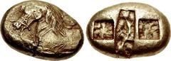 IONIA, Uncertain. Circa 550-525 BC. EL Stater (22mm, 14.28 g). Lydo-Milesian standard. Forepart of bridled horse left; rosette at breast, floral symbol (lotus?) at nape of the neck / Three incuses: a 