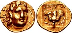 ISLANDS off CARIA, Rhodos. Rhodes . Circa 125-88 BC. AV Third Stater (14mm, 3.32 g, 12h). Antaios, magistrate. Radiate head of Helios facing slightly right / Rose in profile, with bud to left; ANTAIOΣ