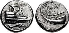LYCIA, Phaselis. 4th century BC. AR Stater (22mm, 10.39 g, 6h). Prow of galley right, fighting platform decorated with coiled serpent right; below, dolphin right / Stern of galley left; swastika and Φ