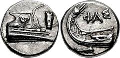 LYCIA, Phaselis. 4th century BC. AR Stater (20mm, 10.53 g, 3h). Prow of galley right, fighting platform decorated with facing gorgoneion; to right, cicada downward / Stern of galley left; ΦAΣ above; b