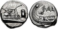 LYCIA, Phaselis. 4th century BC. AR Stater (20mm, 9.46 g, 1h). Prow of galley right, fighting platform decorated with facing gorgoneion; to right, cicada upward / Stern of galley left; ΦAΣ above; belo