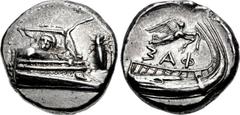 LYCIA, Phaselis. 4th century BC. AR Stater (22mm, 10.42 g, 4h). Prow of galley right, fighting platform decorated with facing gorgoneion; to right, cicada upward / Stern of galley right; above, Nike f