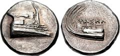 LYCIA, Phaselis. 4th century BC. AR Stater (22mm, 10.30 g, 9h). Prow of galley right, fighting platform decorated with dolphin right / Stern of galley left; ΦAΣHΛ above. Heipp-Tamer Series 6, unlisted