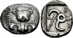 DYNASTS of LYCIA. Trbbenimi. Circa 390-375 BC. AR Stater (24mm, 9.81 g, 9h). Facing lion scalp / Triskeles; to right, club upward; T-R-B (in Lycian) around; all within incuse square. Falghera –; SNG C
