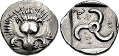 DYNASTS of LYCIA. Trbbenimi. Circa 390-375 BC. AR Stater (24mm, 9.70 g). Zemura (Limyra) mint. Facing lion scalp; [T below?] / Triskeles; small triskeles in one corner, Z-Ẽ-M (in Lycian) around; all w