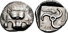 DYNASTS of LYCIA. Mithrapata. Circa 390-370 BC. AR Stater (25mm, 9.77 g, 4h). Facing lion scalp / Triskeles; above, dolphin right; MITH[R]-APA-TA (in Lycian) around; all within incuse square. Mildenbe
