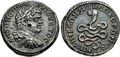 BITHYNIA, Nicomedia. Caracalla. AD 198-217. Æ (27mm, 12.12 g, 1h). Laureate, draped, and cuirassed bust right / The serpent Glycon coiled to left, with human head with long hair. RG 227; BMC 48 var. (