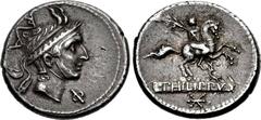 L. Philippus. 113-112 BC. AR Denarius (19mm, 3.86 g, 6h). Rome mint. Head of Philip V of Macedon right, wearing diademed royal Macedonian helmet with goat horns; ROMA monogram behind, Φ below chin / E