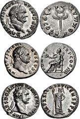 Vespasian to Domitian. Lot of three (3) AR Denarii. Includes: (a) Vespasian. AD 69-79. (19mm, 3.42 g, 6h). Rome mint. Struck AD 74. Laureate head right / Winged caduceus. RIC II 703; RSC 362 // (b) Ti