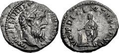 Pertinax. AD 193. AR Denarius (18.5mm, 3.18 g, 6h). Rome mint. Laureate head right / Pertinax standing left, holding volumen and sacrificing out of patera over tripod to left. RIC IV 13a; RSC 56. VF, 