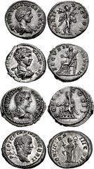 Geta. Lot of four (4) AR Denarii. Includes: (a) As Caesar, AD 198-209. (18.5mm, 3.51 g, 5h). Laodicea mint. Struck under Septimius Severus and Caracalla, circa AD 202-203. Bareheaded and draped bust r