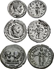 Gordian III. AD 238-244. Lot of three (3) AR and Æ. Includes: (a) AR Denarius (20mm, 3.04 g, 1h). Rome mint, 5th officina. 7th emission, AD 240. Laureate, draped, and cuirassed bust right / Venus stan