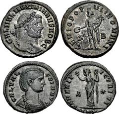 Galerius & Galeria Valeria. Lot of two (2) folles. Includes: (a) Galerius. As Caesar, 293-305 AD. Æ Follis (27mm, 10.00 g, 6h). Siscia mint, 2nd officina. Struck circa AD 294. Laureate head right / Ge