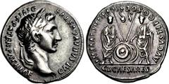 Augustus. 27 BC-AD 14. AR Denarius (19.5mm, 3.67 g, 12h). Restitution issue. Rome mint. Struck under Trajan–Hadrian, circa 98-138 AD. Laureate head right / Caius and Lucius Caesars standing facing, tw