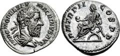 Macrinus. AD 217-218. AR Denarius (19mm, 3.28 g, 12h). Rome mint, 5th officina. 3rd emission, AD 218. Laureate and draped bust right / Macrinus seated left on curule chair, holding globe and short sce