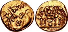 CELTIC, Atrebates & Regni. Uninscribed. Circa 60-50 BC. AV Stater (19mm, 6.31 g, 1h). Westerham South (Atrebatic A) type. Devolved head of Apollo right / Celtic horse left; block of pellets above; bel