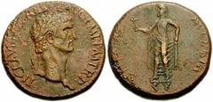CLAUDIUS. 41-54 AD. Æ Sestertius (32mm, 26.99 gm). Struck circa 50-54 AD. Laureate head of Claudius right / Spes walking left, holding flower and raising hem of skirt. RIC I 115; Cohen 85. VF, red-bro