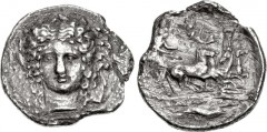 SICILY, Katane. Circa 405-403/2 BC. AR Tetradrachm (29mm, 14.44 g, 9h). Obverse die signed by Choi(rion). Facing laureate head of Apollo; [to left, XOI above bow]; kithara to lower right, [AΠΟΛΛΩN bel