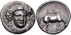 THESSALY, Larissa. Circa 405/0-370 BC. AR Drachm (20mm, 6.09 g, 6h). Head of the nymph Larissa facing slightly right, wearing ampyx and necklace / Horse grazing right. L-S Group 4, head type 21, dies 