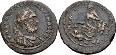 CILICIA, Adana. Macrinus. AD 217-218. Æ (33mm, 16.50 g, 6h). Laureate, draped, and cuirassed bust right / Tyche seated left on rocky outcropping, holding grain ears; at feet, half-length figure of riv