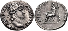 Nero. AD 54-68. AR Denarius (17mm, 3.23 g, 6h). Rome mint. Struck AD 64-65. Laureate head right / IVPPITER CVSTOS, Jupiter seated left, holding thunderbolt and scepter. RIC I 53; RSC 119. VF, toned, s