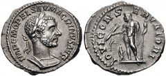 Macrinus. AD 217-218. AR Denarius (20mm, 3.09 g, 6h). Rome mint. 1st emission, AD 217. Laureate and cuirassed bust right / Jupiter standing left, holding thunderbolt and scepter; at feet to left, smal
