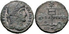 Constantine I. AD 307/310-337. Æ Follis (18mm, 2.72 g, 6h). Constantinople mint, 1st officina. Struck AD 327. Laureate head right / SPES PVBLIC, labarum, with three medallions on drapery and surmounte