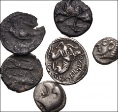 GREEK. Miscellaneous. Lot of six (6) silver fractions from Ionia to Phoenicia. Includes: IONIA, Kolophon. AR Hemiobol // AEOLIS, Kyme. AR Hemiobol // CILICIA, Mallos. AR Obol // PHOENICIA, Byblos. Add