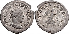 Philip I. AD 244-249. AR Antoninianus (23mm, 3.36 g, 12h). Commemorating the victory over the Carpi. Rome mint. Special emission, AD 247. Radiate, draped, and cuirassed bust right / VICTORIA CARPICA, 