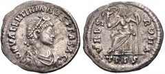 Valentinian II. AD 375-392. AR Siliqua (18mm, 1.90 g, 6h). Contemporary imitation of a Treveri (Trier) mint issue. D N VALENTINIANVS P F ASAC, pearl-diademed, draped, and cuirassed bust right / Rome s