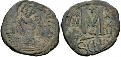 Heraclius. 610-641. Æ Follis (34mm, 18.30 g, 6h). Sicilian mint. Struck circa 616/7-621/2. Crowned facing bust of Heraclius; monogram to right; all within circular punch / SCLs within circular punch. 