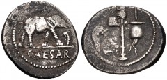 The Caesarians. Julius Caesar. April-August 49 BC. AR Denarius (18mm, 3.84 g, 4h). Military mint traveling with Caesar. Elephant advancing right, trampling on horned serpent / Emblems of the pontifica