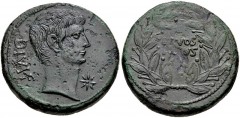 The Triumvirs. Octavian and Divus Julius Caesar. 38 BC. Æ Sestertius (30mm, 21.66 g, 3h). Southern Italian mint(?). Bare head of Octavian right, wearing slight beard; star of eight rays before / DIVOS