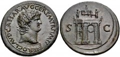 Nero. AD 54-68. Æ Sestertius (37mm, 25.02 g, 6h). Lugdunum (Lyon) mint. Struck circa AD 65. Laureate head right, globe at point of neck / Triumphal arch surmounted by statue of emperor in quadriga acc