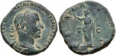 Trebonianus Gallus. AD 251-253. Æ Sestertius (28mm, 18.31 g, 6h). Rome mint, 6th officina. 1st emission, AD 251. Laureate, draped, and cuirassed bust right / Pax standing left, holding branch and scep