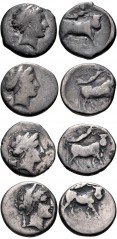 GREEK. Magna Graecia & Sicily. Lot of four (4) AR Nomoi of Neapolis. Includes: Circa 320-300 BC. Head of nymph right; grape bunch behind / Man-headed bull walking right; above, Nike flying right, plac