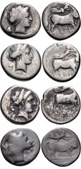 GREEK. Magna Graecia & Sicily. Lot of four (4) AR Nomoi of Neapolis and Nola. Includes: NEAPOLIS: Circa 320-300 BC. Head of nymph right; pileus behind, monogram before / Man-headed bull walking right;