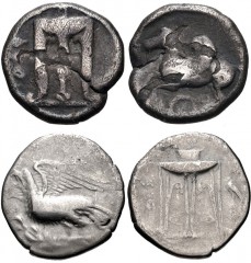 GREEK. Magna Graecia & Sicily. Lot of two (2) silver coins of Kroton. Includes: Circa 525-425. AR Triobol. Tripod with legs terminating in lion’s feet / Pegasos flying left. HN Italy 2127; SNG ANS 326