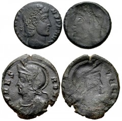 ROMAN. Imperial. Lot of two (2) brockage Æ Folles of the Constantinian Dynasty. Both obverse brockages. Includes: City Commemoratives (Roma). Æ Follis // Constans. Æ Follis. Near VF, green patina, min