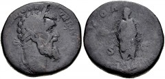 Didius Julianus. AD 193. Æ Sestertius (27mm, 19.70 g, 12h). Rome mint. Laureate head right / Didius standing left, holding globe and volumen. RIC IV 16; Banti 6. Fair, dark brown patina.