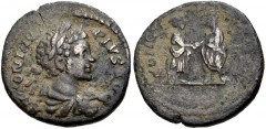 Caracalla. AD 198-217. Æ Limes Denarius (18mm, 2.50 g, 6h). Laureate and draped bust right / Caracalla and Plautilla standing facing one another, clasping right hands. RIC IV –; cf. RSC 26a (not liste