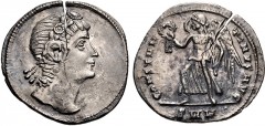Constantine I. AD 307/310-337. AR Siliqua (21mm, 2.75 g, 12h). Heraclea mint. Struck AD 336-337. Laurel and rosette-diademed head right, gazing upward / Victory advancing left, holding wreath and palm
