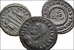 ROMAN. Imperial. Lot of three (3) Æ Folles from Crispus to Constantius II. Includes: Cripsus. Aquileia mint. Votive type // Constantius II. Cyzicus mint. Campgate type // Constantius II. Cyzicus mint.