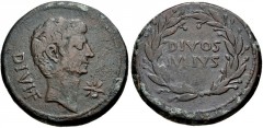 The Triumvirs. Octavian and Divus Julius Caesar. 38 BC. Æ Sestertius (31mm, 19.59 g, 5h). Southern Italian mint(?). Bare head of Octavian right, wearing slight beard; star of eight rays before / DIVOS