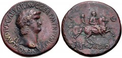 Nero. AD 54-68. Æ Sestertius (34mm, 26.49 g, 6h). Rome mint. Struck circa AD 64. Laureate bust right, wearing aegis / Nero, holding spear, on horseback right; behind him, soldier on horseback right, h