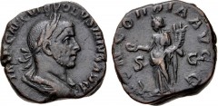 Volusian. AD 251-253. Æ Sestertius (27mm, 19.47 g, 12h). Rome mint. 4th emission, early AD 253. Laureate, draped, and cuirassed bust right / Concordia standing left, holding patera and double cornucop